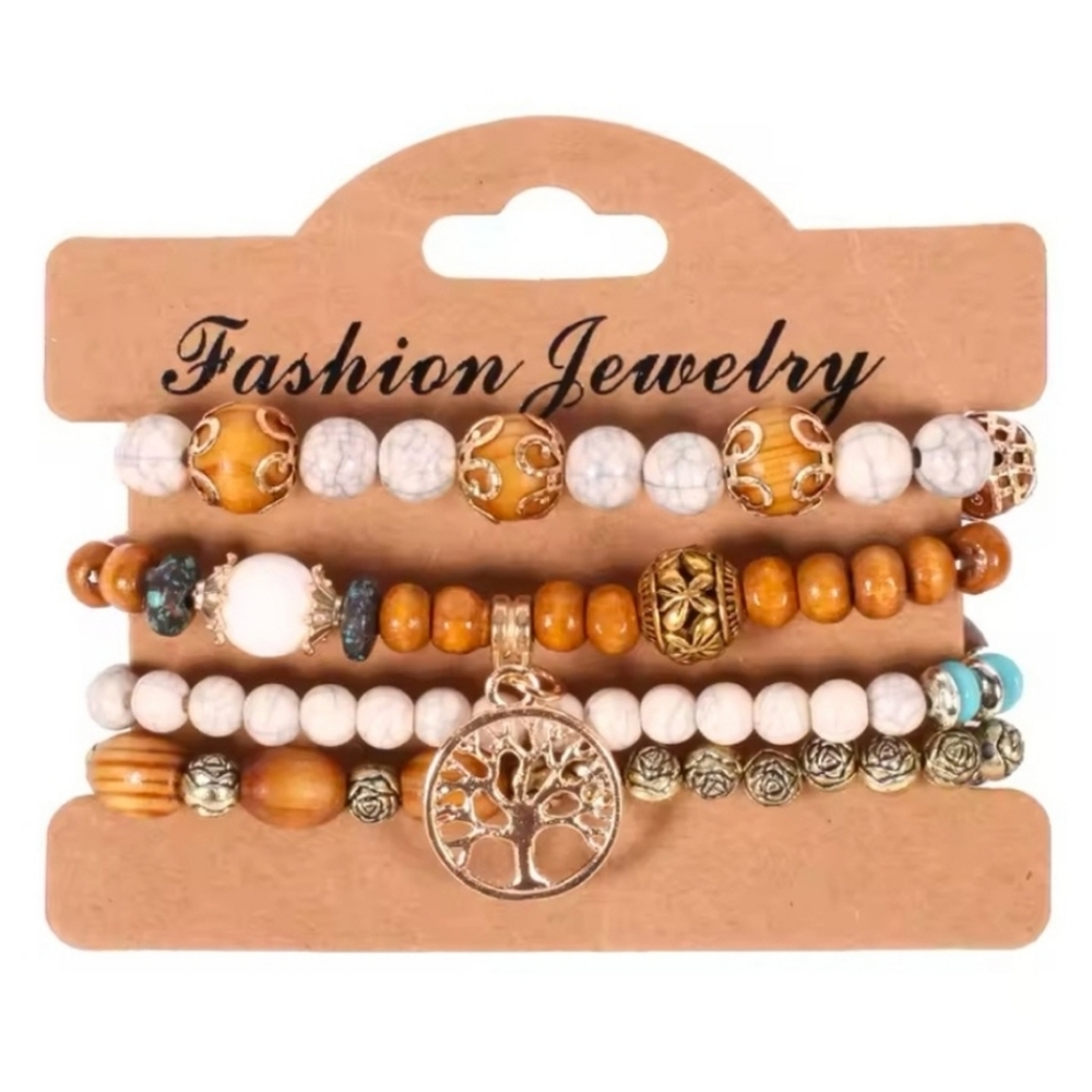Bohemia Wood Beads stackable bracelets 4 pieces set NWT
